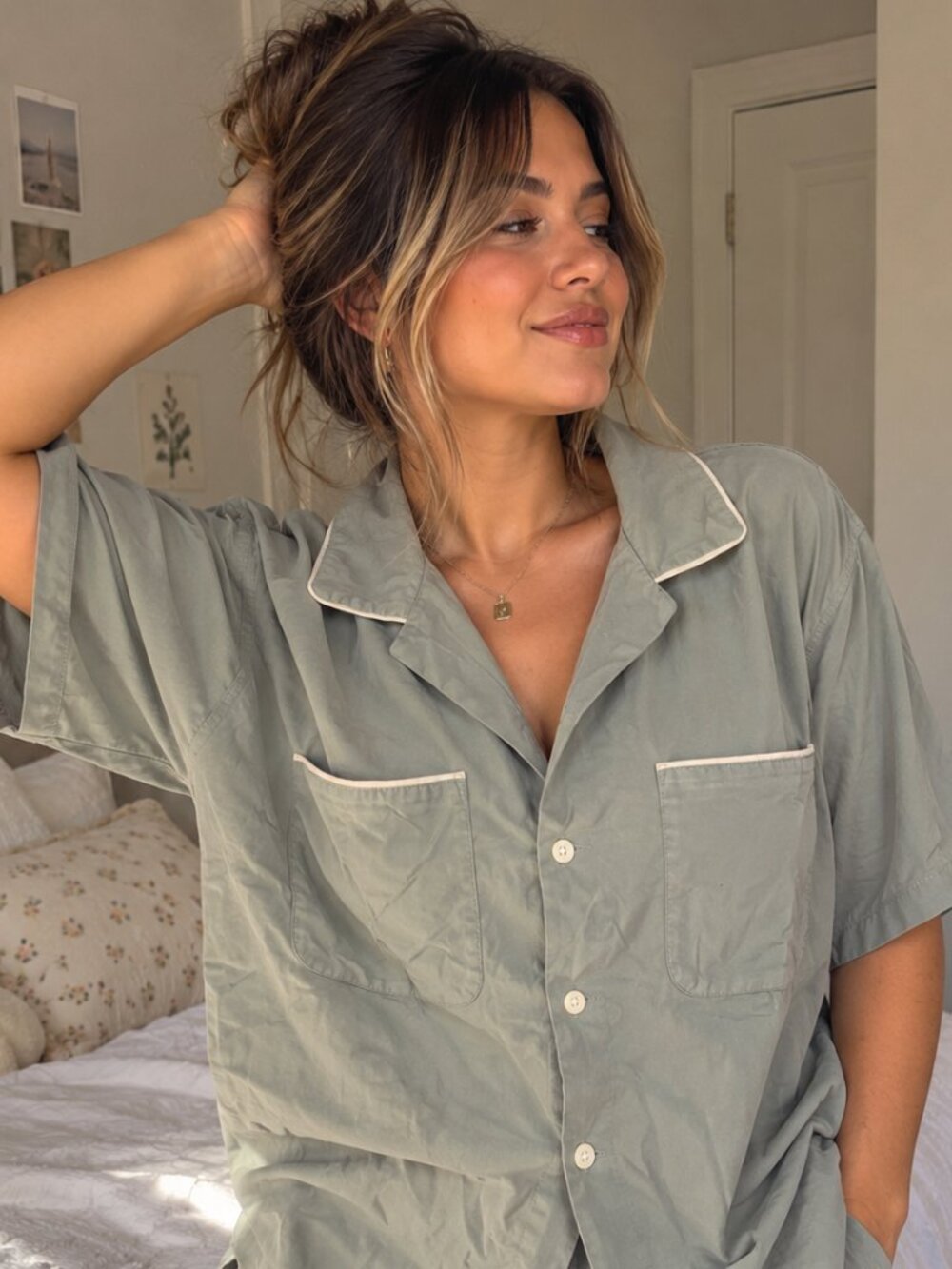 Abercrombie & Fitch Cropped Pajama Sleep Shirt Sage Green Button Up Medium